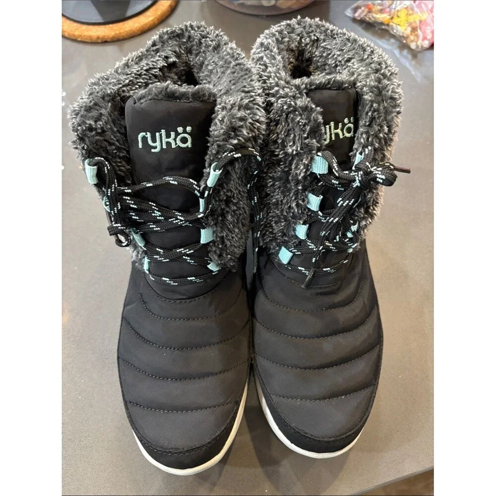 Ryka Addison size 8 Black Quilted Boots with Faux Fur and blue accents